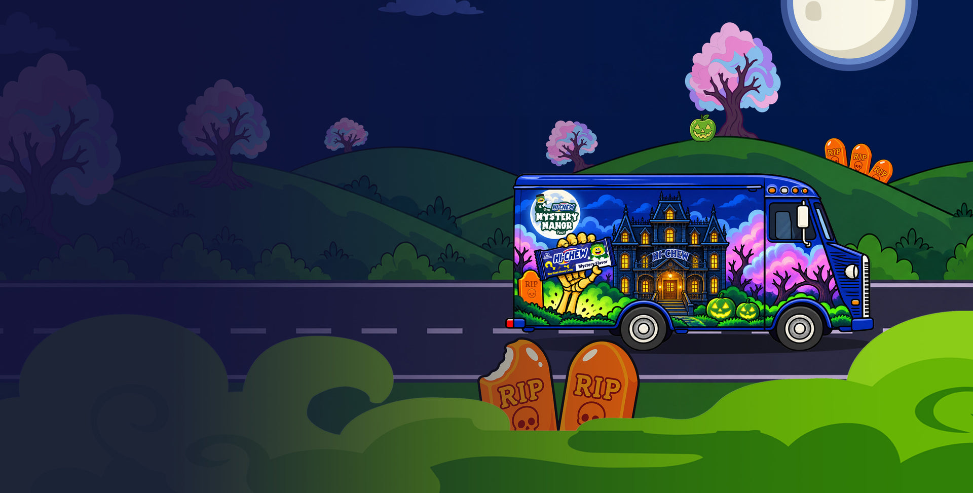 The HI-CHEW Mystery Manor tour truck parked in front of a haunted mansion. The HI-CHEW Mystery Manor tour truck parked in front of a haunted mansion.