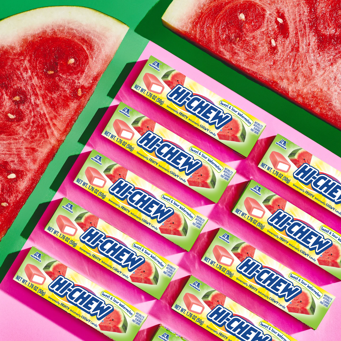 Hi-CHEW Watermelon Sticks next to watermelon slices