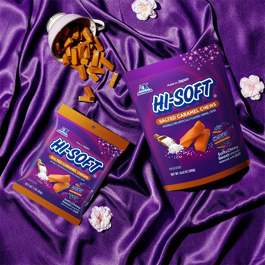 Hi-Soft caramel chew bags on table with chews