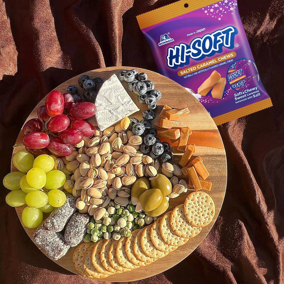 Hi-Soft caramel chews bag next to charcuterie