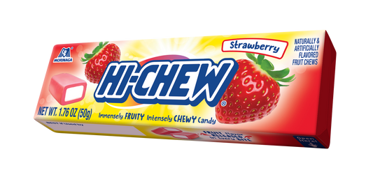 A package of Hi-CHEW Strawberry fruit chew candy shown at an angle on a plain white background. The box is predominantly red and yellow with illustrations of strawberries and the large Hi-Chew logo.