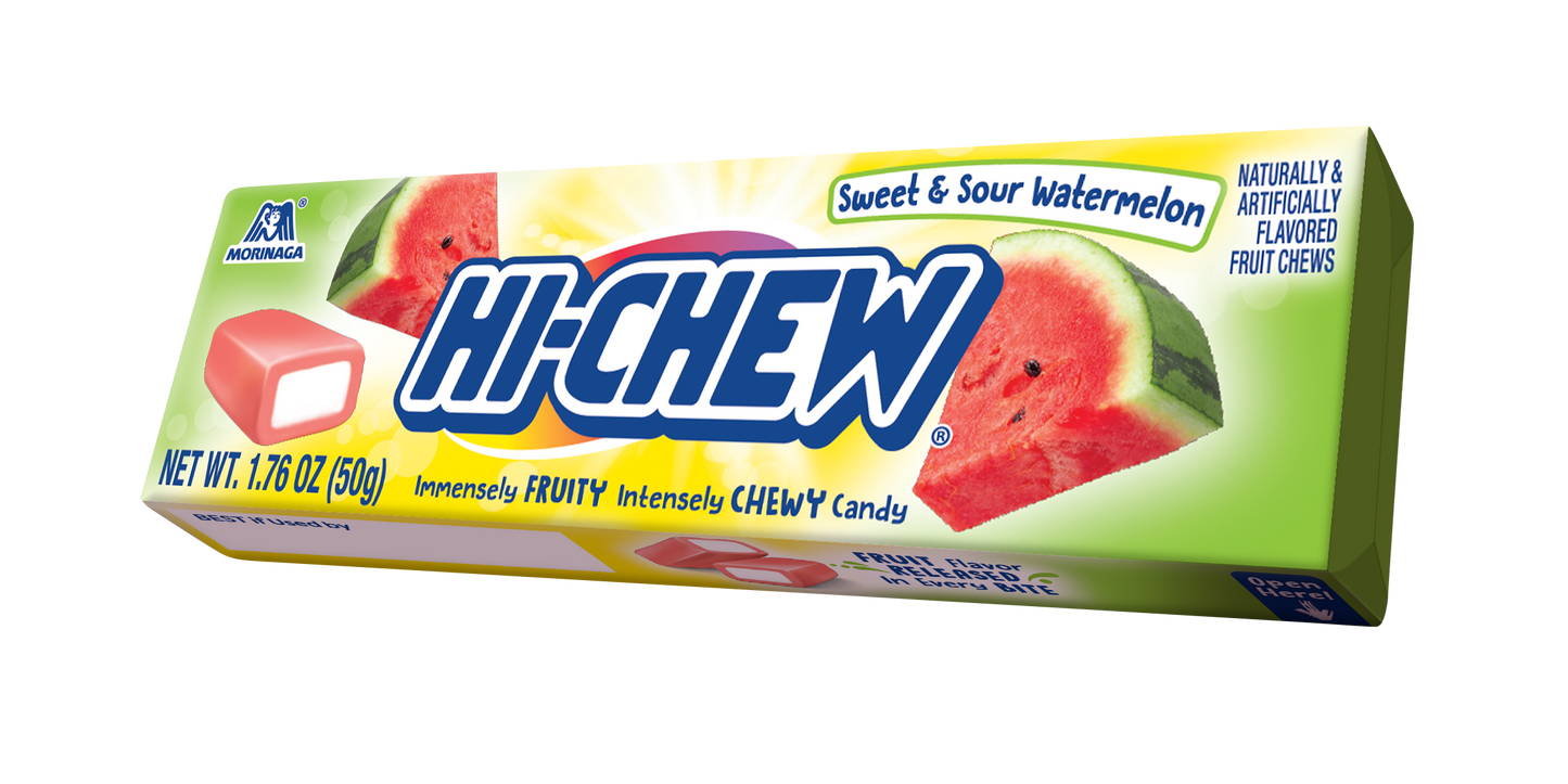 A package of Hi-CHEW Sweet & Sour Watermelon candy, featuring a bright green and yellow box with illustrations of watermelon slices and a pink-and-white candy piece.