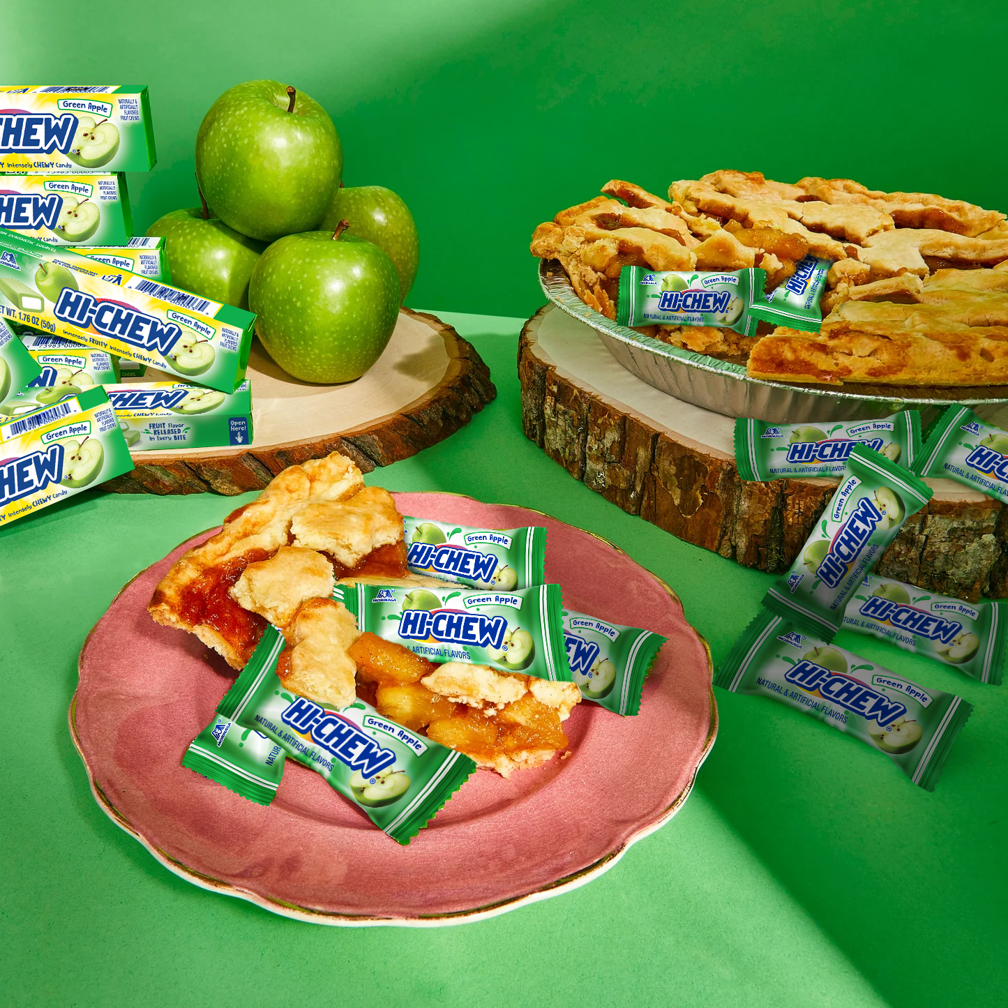 Hi-Chew Green Apple Sticks on a plate with apple pie