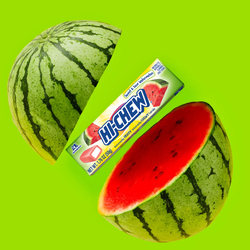 Hi-CHEW Watermelon Stick between a watermelon
