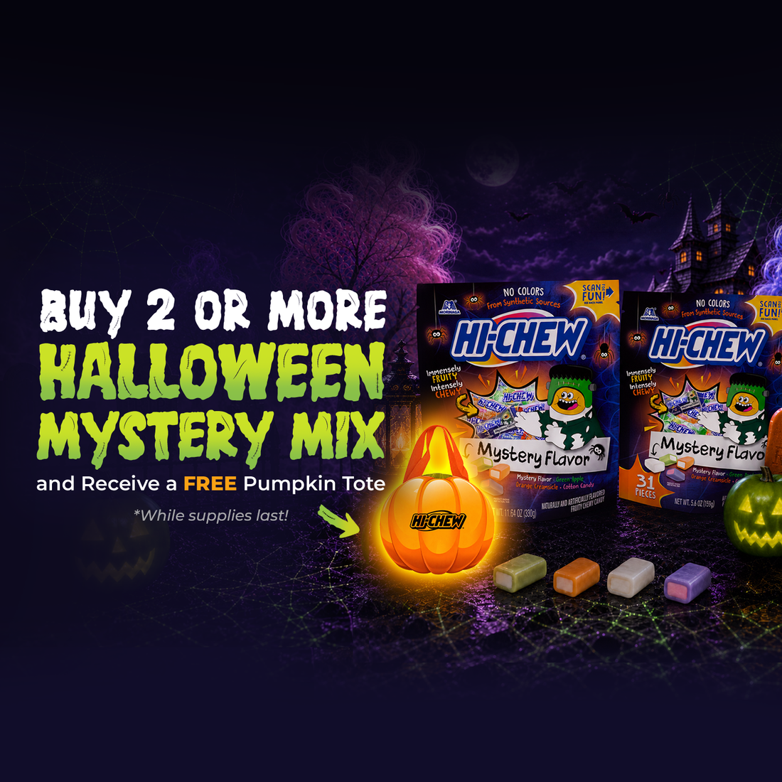 Hi-Chew mystery flavor packs displayed in a fantastical Halloween-themed forest with a jack-o-lantern and a castle in the background. 