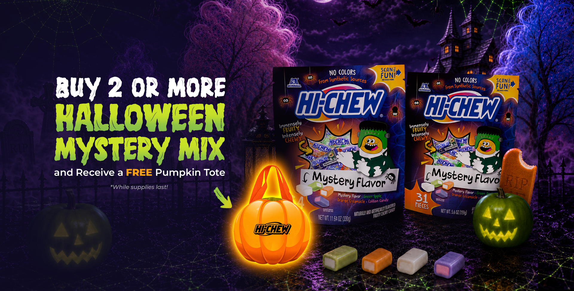 Hi-Chew mystery flavor packs displayed in a fantastical Halloween-themed forest with a jack-o-lantern and a castle in the background. 
