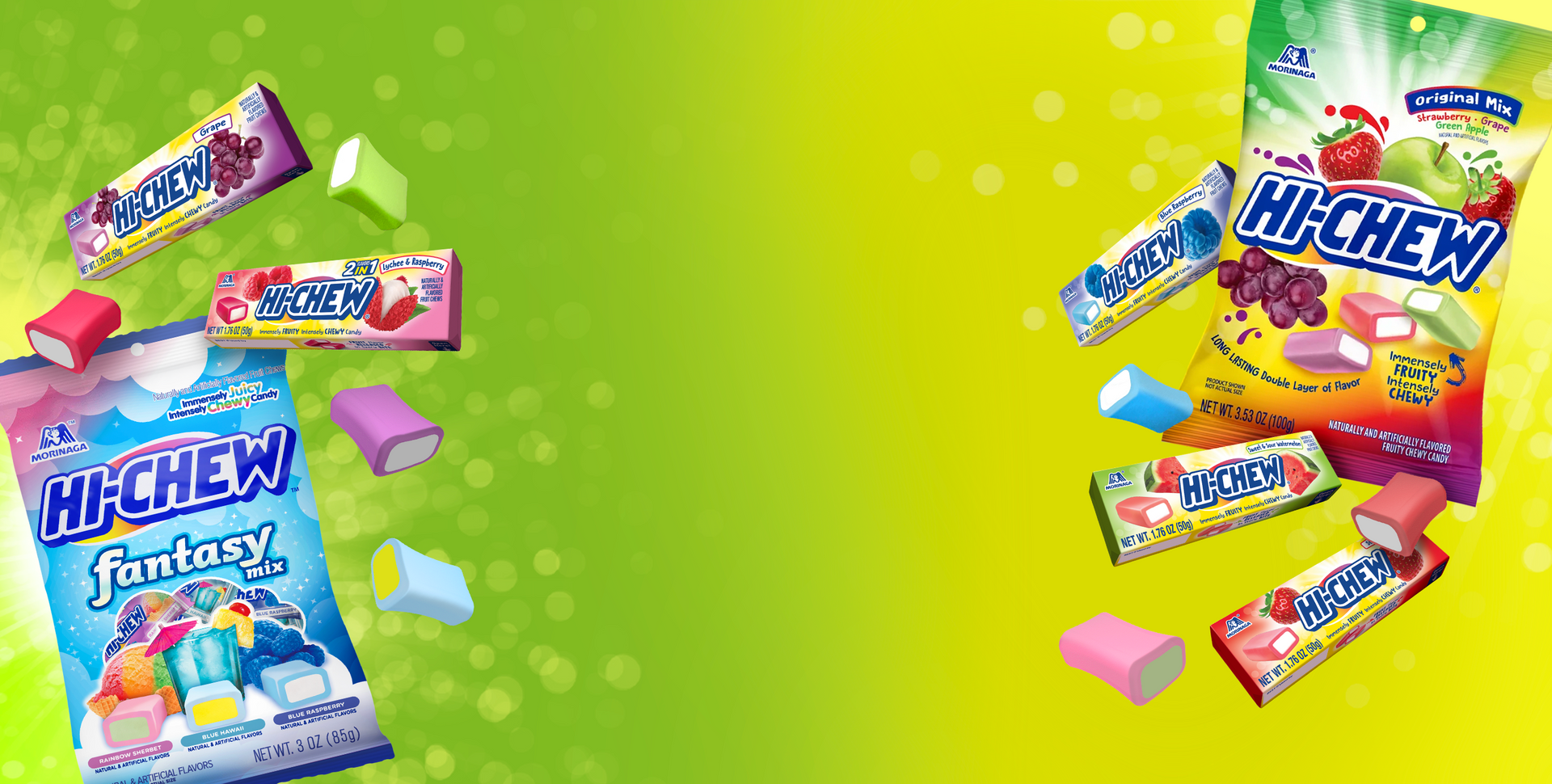 A promotional graphic featuring multiple packs of Hichew gum arranged along the left and right edges on a bright green-to-yellow gradient background with soft white bokeh circles.