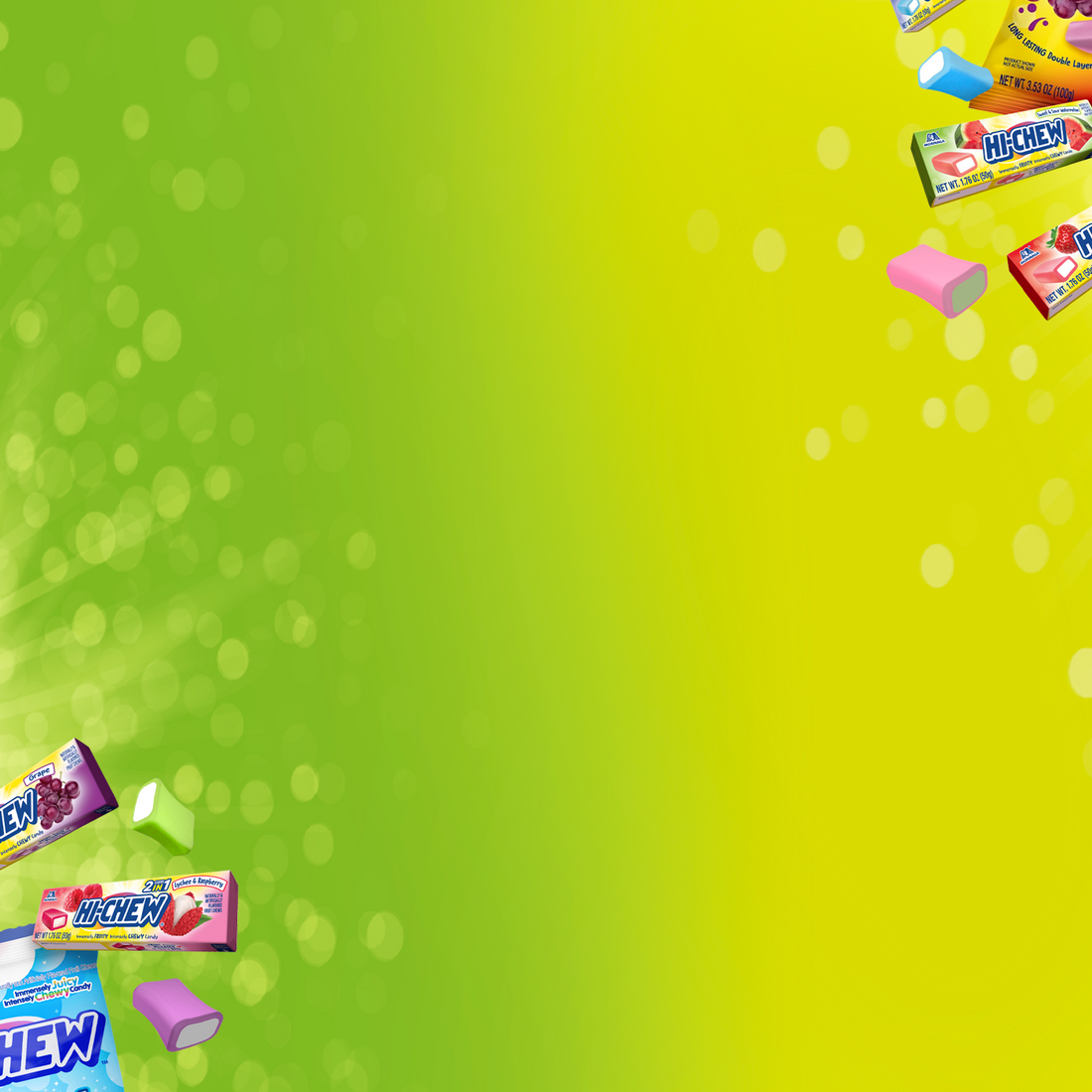 A promotional graphic featuring multiple packs of Hichew gum arranged along the left and right edges on a bright green-to-yellow gradient background with soft white bokeh circles.
